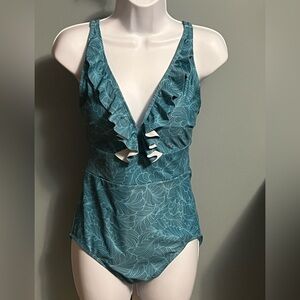 Souqfone Teal Ruffled Plunged Neckline One-Piece Swimsuit NWT Small